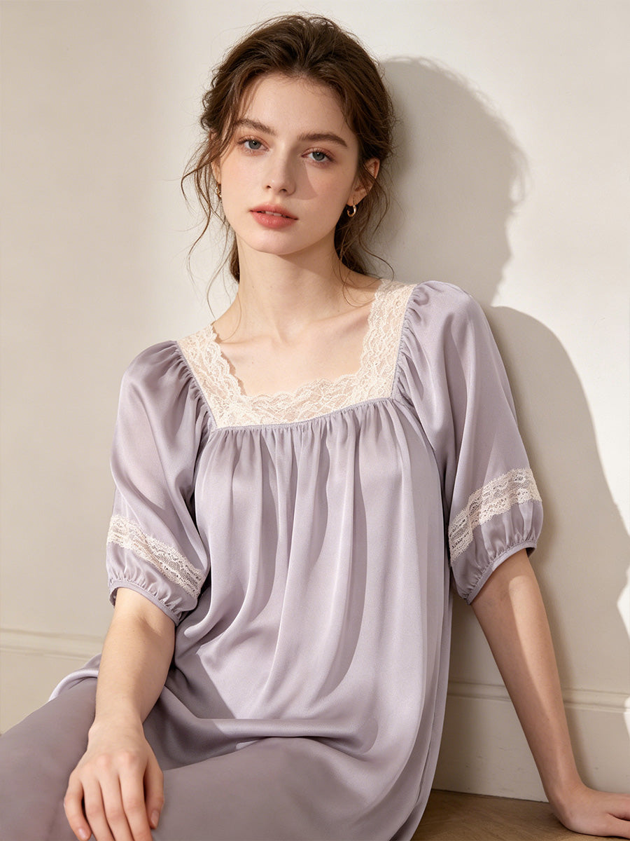 100% Mulberry Silk Lace Square Neck Short Sleeve Midi Nightgown