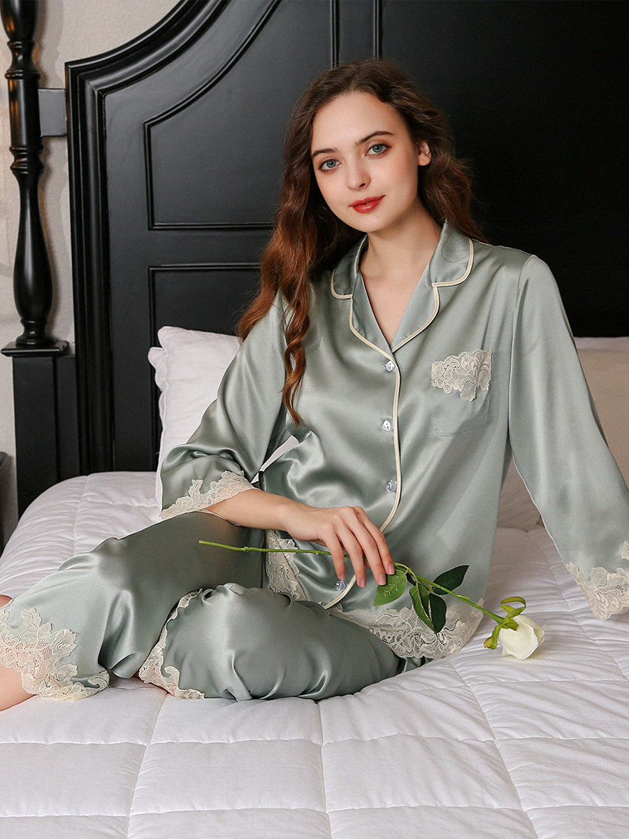 19 Momme Silk Pajama Set with Floral Lace Trim