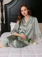 19 Momme Silk Pajama Set with Floral Lace Trim