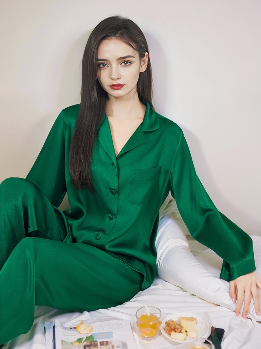 Classic Button Front Top & Long Pants Silk Sleepwear Set