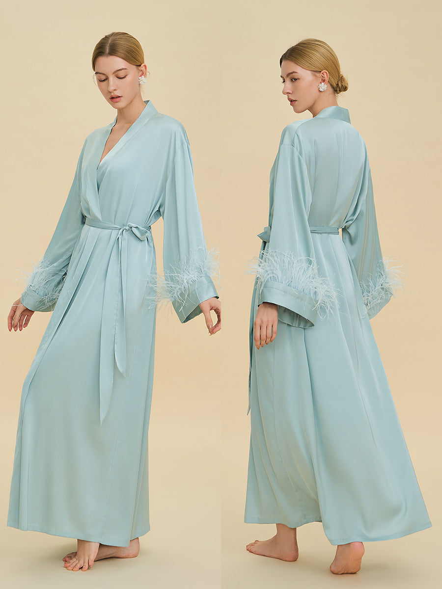 Light Blue Satin Maxi Robe with Feather Cuffs