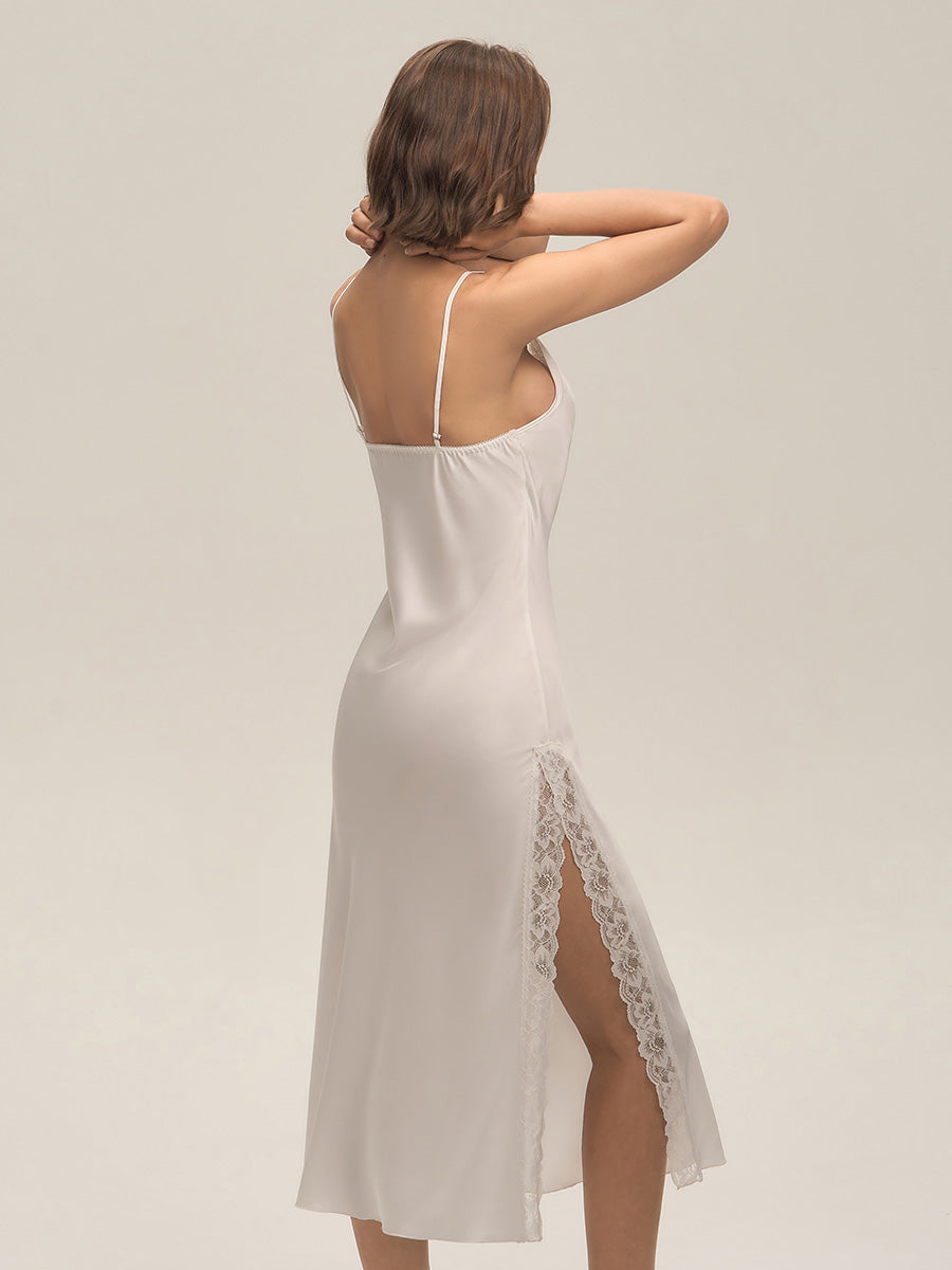 Ivory Cowl Neck Lace Satin Midi Slip Dress