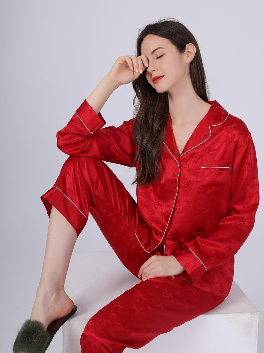19 Momme Horse Jacquard Long Sleeve Silk Pajama Set