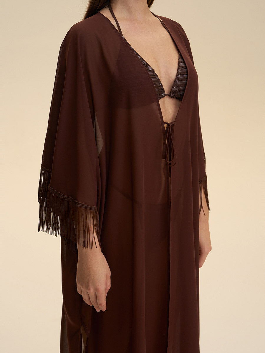 Fringe Trim Sheer Cover-Up Robe