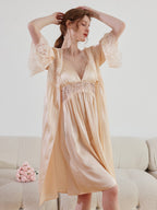 Floral Lace Mulberry Silk Robe and Slip Dress Set
