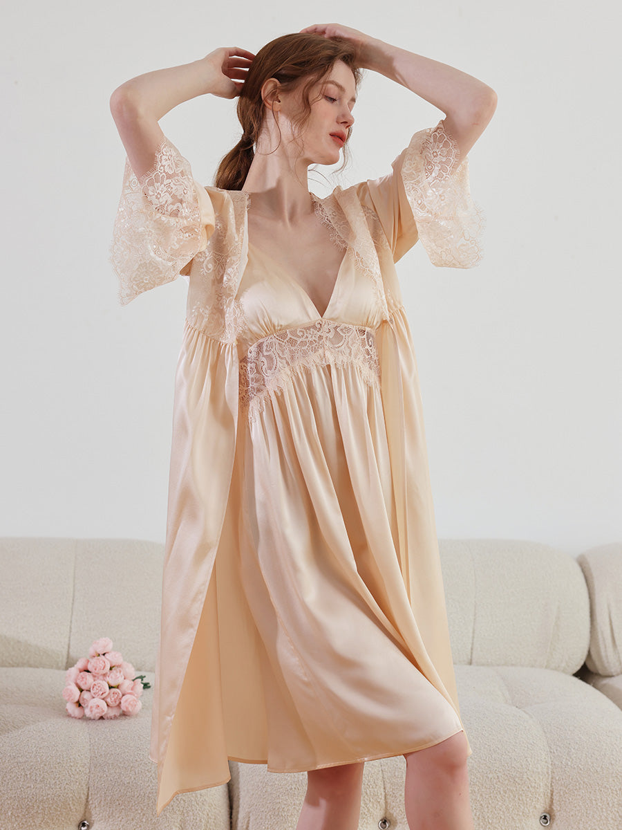 Floral Lace Mulberry Silk Robe and Slip Dress Set