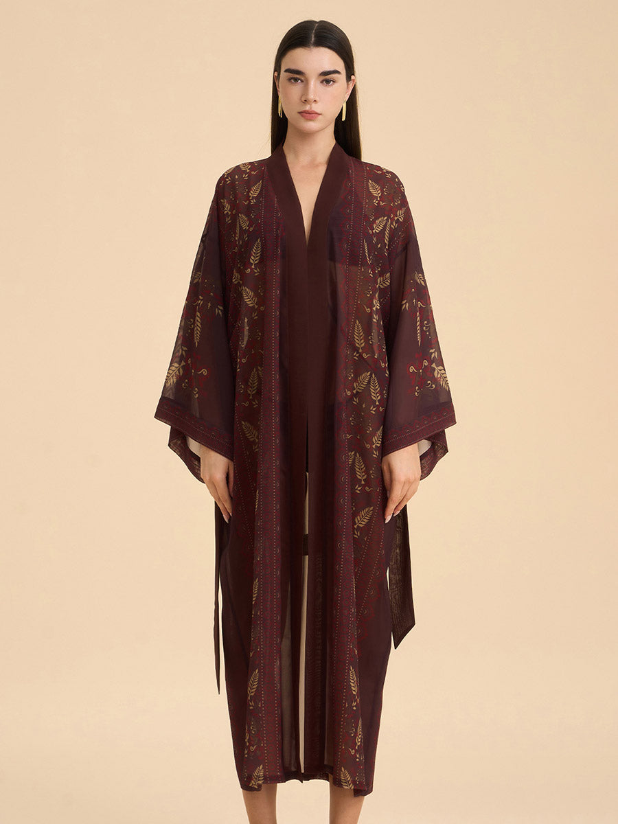 Plum Gold Leaf Sheer Kimono Robe