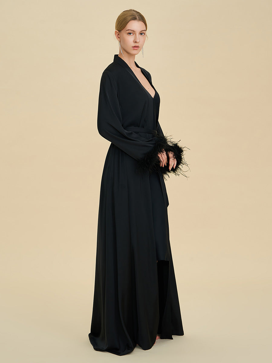 Black Satin Maxi Robe with Feather Cuffs