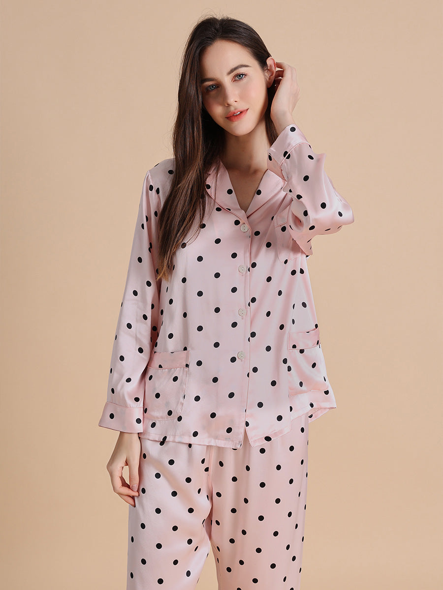 19 Momme Polka Dot Long Sleeve Silk Pajama Set