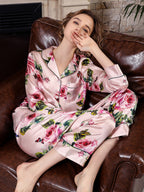 Long Sleeve Mulberry Silk Pajama Set with Rose and Butterfly Print