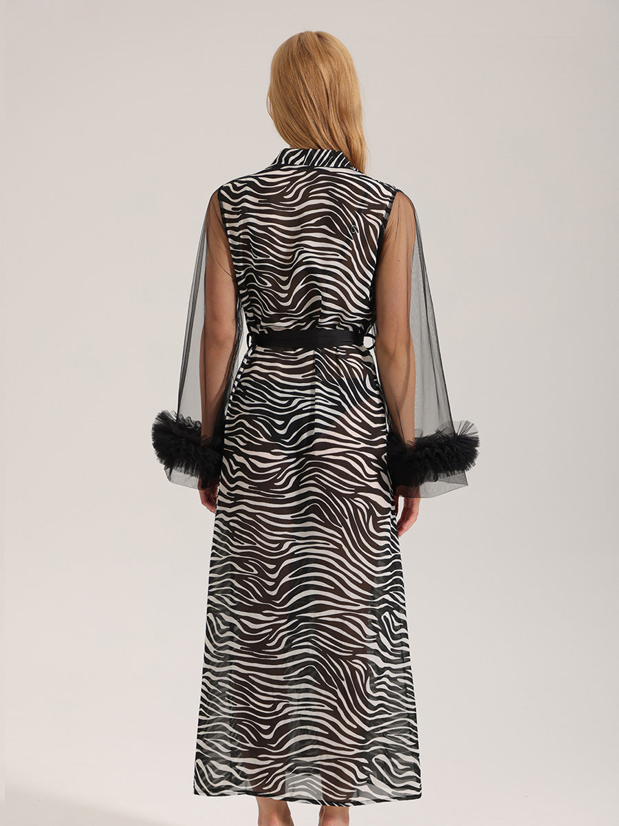 Zebra Print Satin Robe with Tulle Cuffs