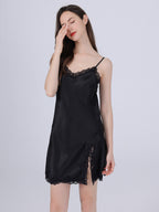 Lace Trim Mulberry Silk Slip Dress with Side Slit