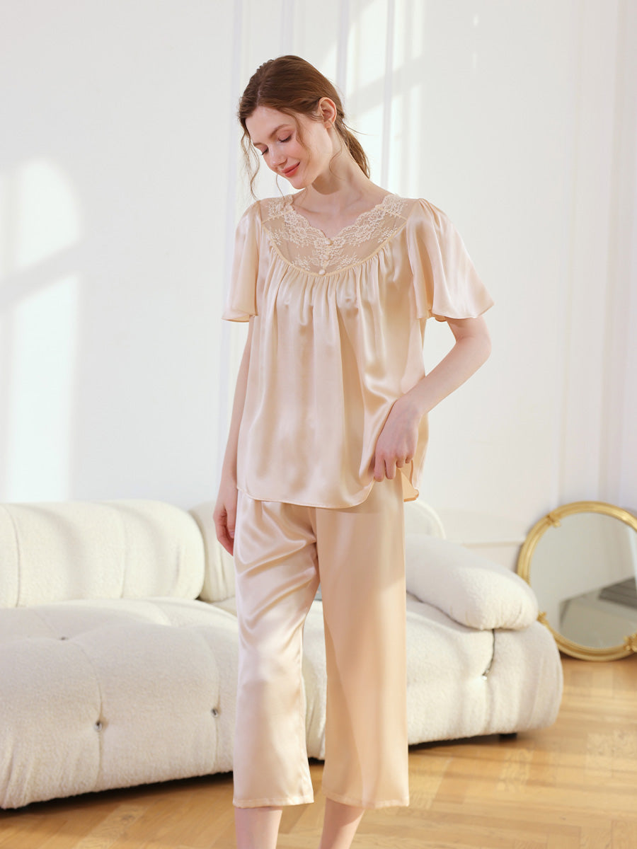 19 Momme Silk Pajama Set with Lace Yoke