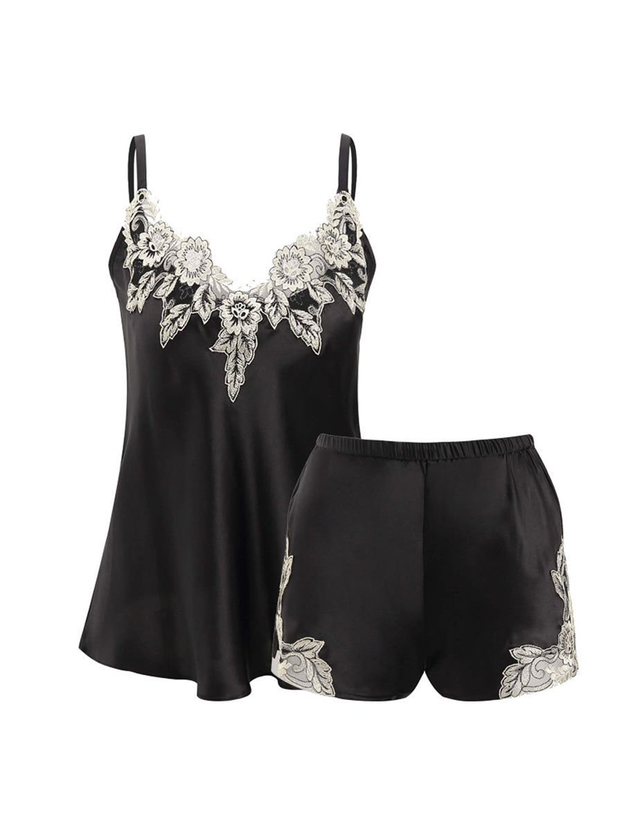 Floral Lace Mulberry Silk Cami and Shorts Pajama Set