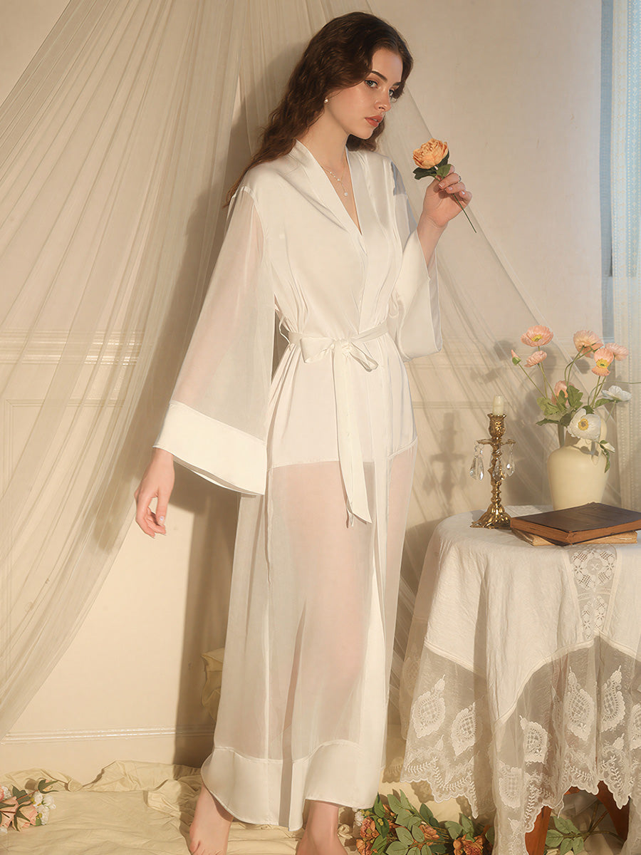 White Sheer Chiffon & Satin Kimono Robe