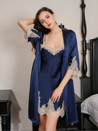 Contrast Lace Mulberry Silk Robe and Slip Dress Set
