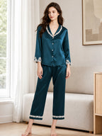 100% Mulberry Silk Lace Trim Notch Collar Pajama Set