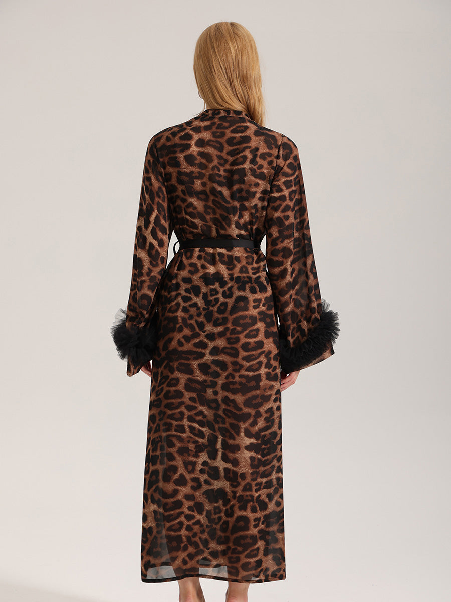 Leopard Print Satin Robe with Tulle Cuffs