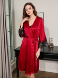 Contrast Lace Mulberry Silk Robe and Slip Dress Set