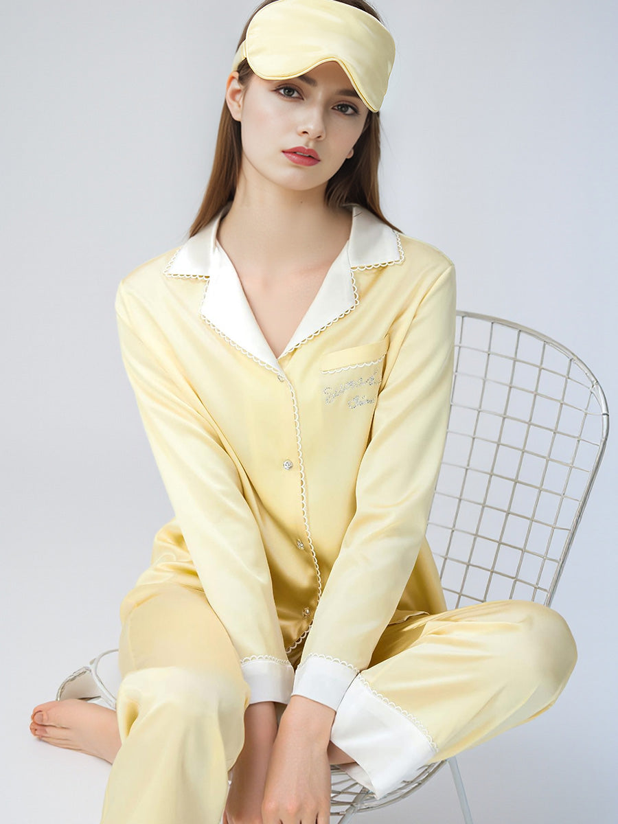 100% Mulberry Silk Contrast Collar Scalloped Trim Long Sleeve Pajama Set
