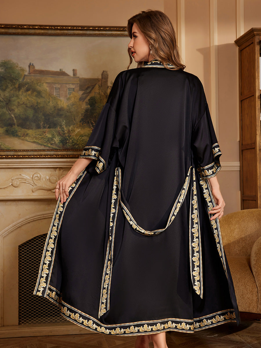 Black Trim Satin Chiffon Kimono Robe