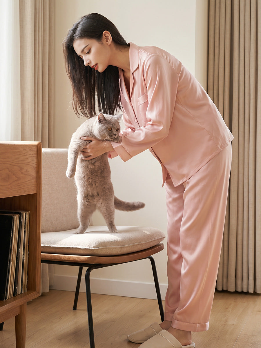 Classic Button Front Top & Long Pants Silk Sleepwear Set