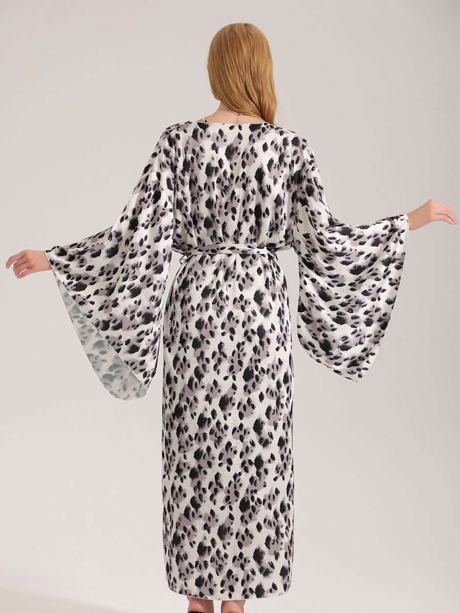Leopard Print Satin Kimono Robe