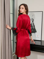 Contrast Lace Mulberry Silk Robe and Slip Dress Set