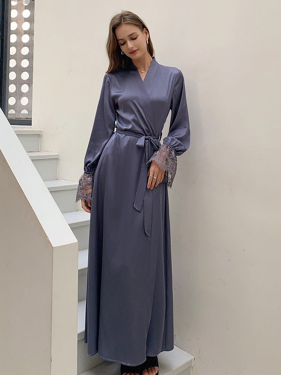 Dusty Blue Satin Chiffon Maxi Robe