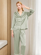 100% Mulberry Silk Lace Trim Notch Collar Pajama Set
