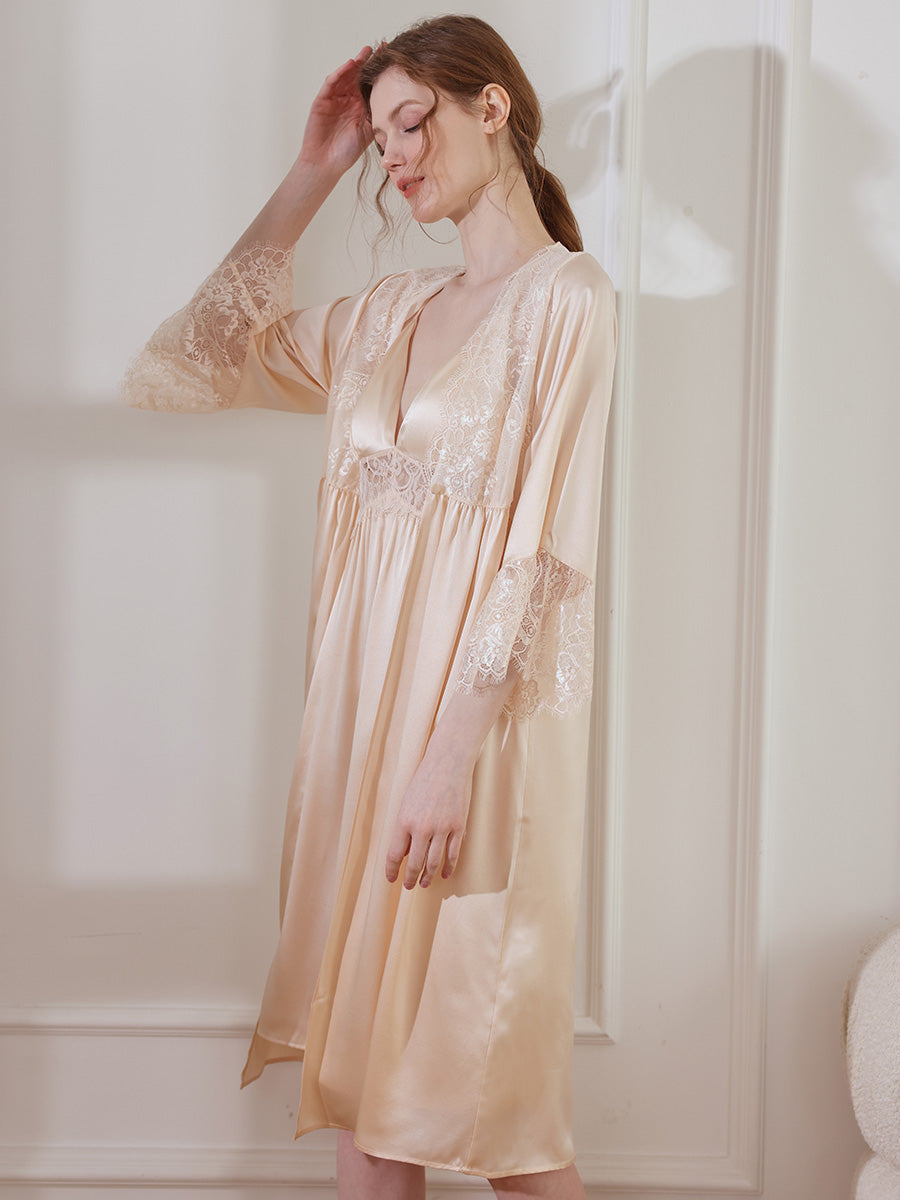 Floral Lace Mulberry Silk Robe and Slip Dress Set