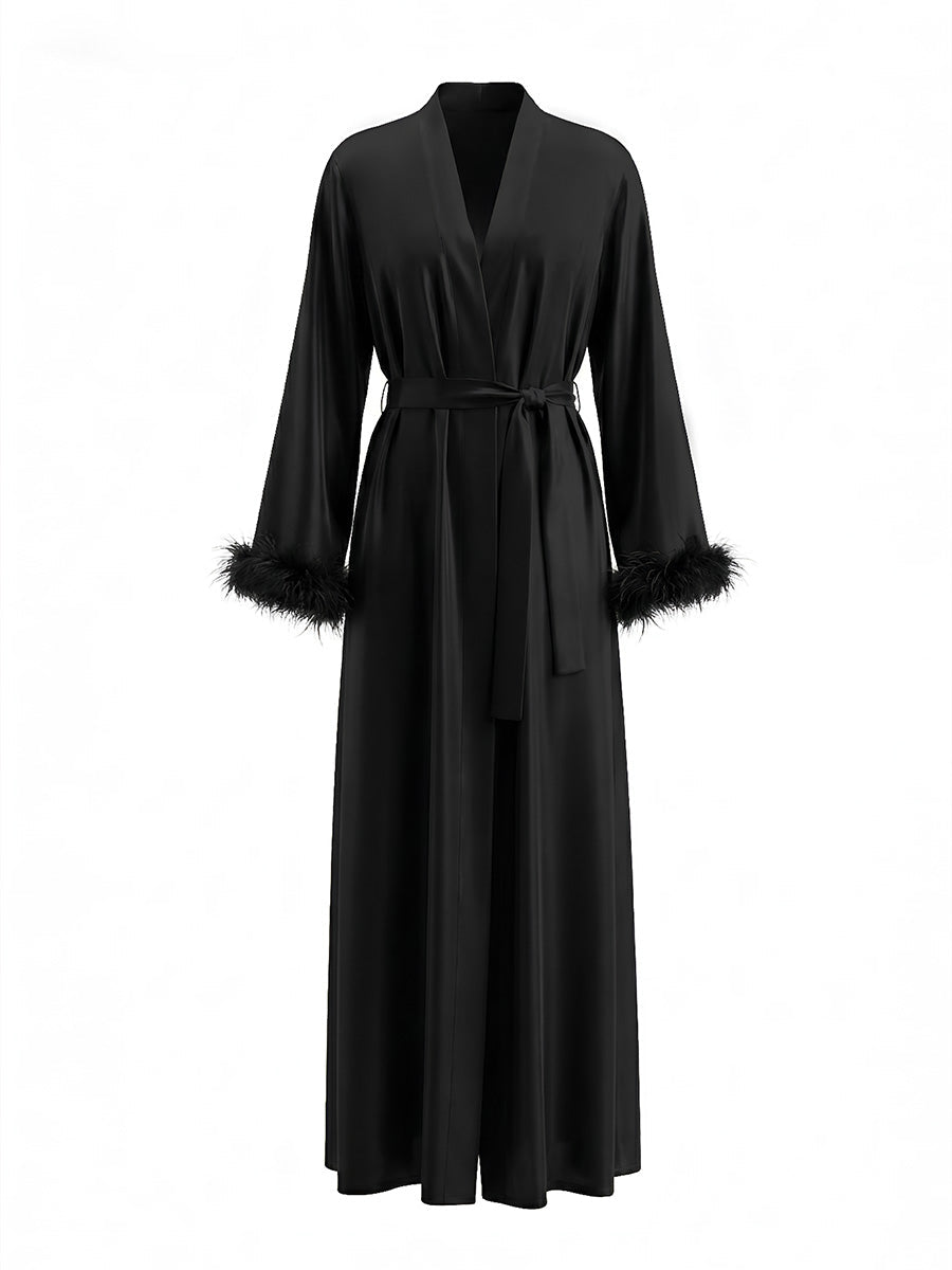 Black Satin Maxi Robe with Feather Cuffs