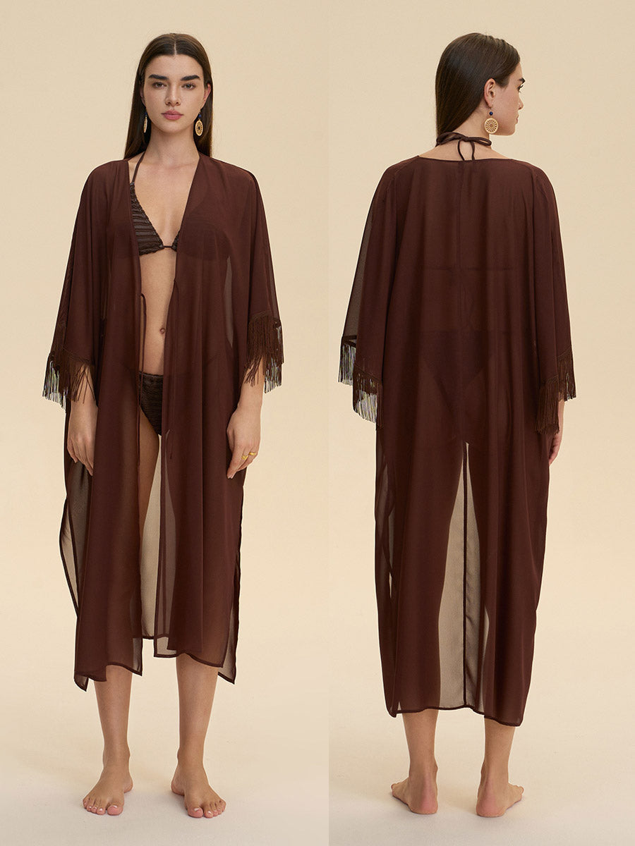 Fringe Trim Sheer Cover-Up Robe