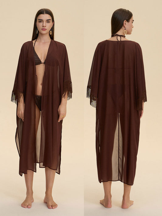 Fringe Trim Sheer Cover-Up Robe