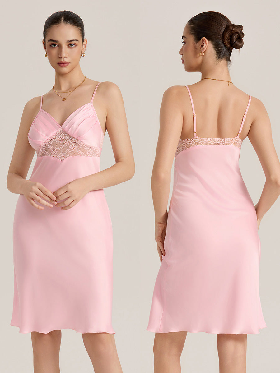 Pink Lace Waist Satin Midi Slip Dress