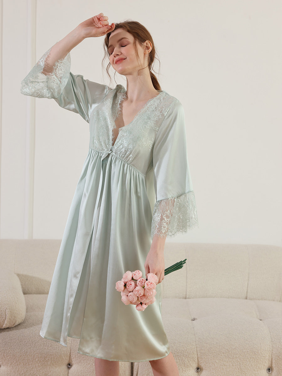 Floral Lace Mulberry Silk Robe and Slip Dress Set