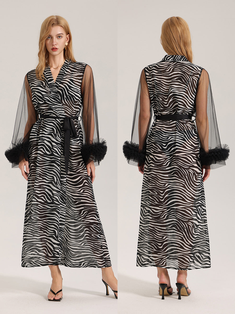 Zebra Print Satin Robe with Tulle Cuffs