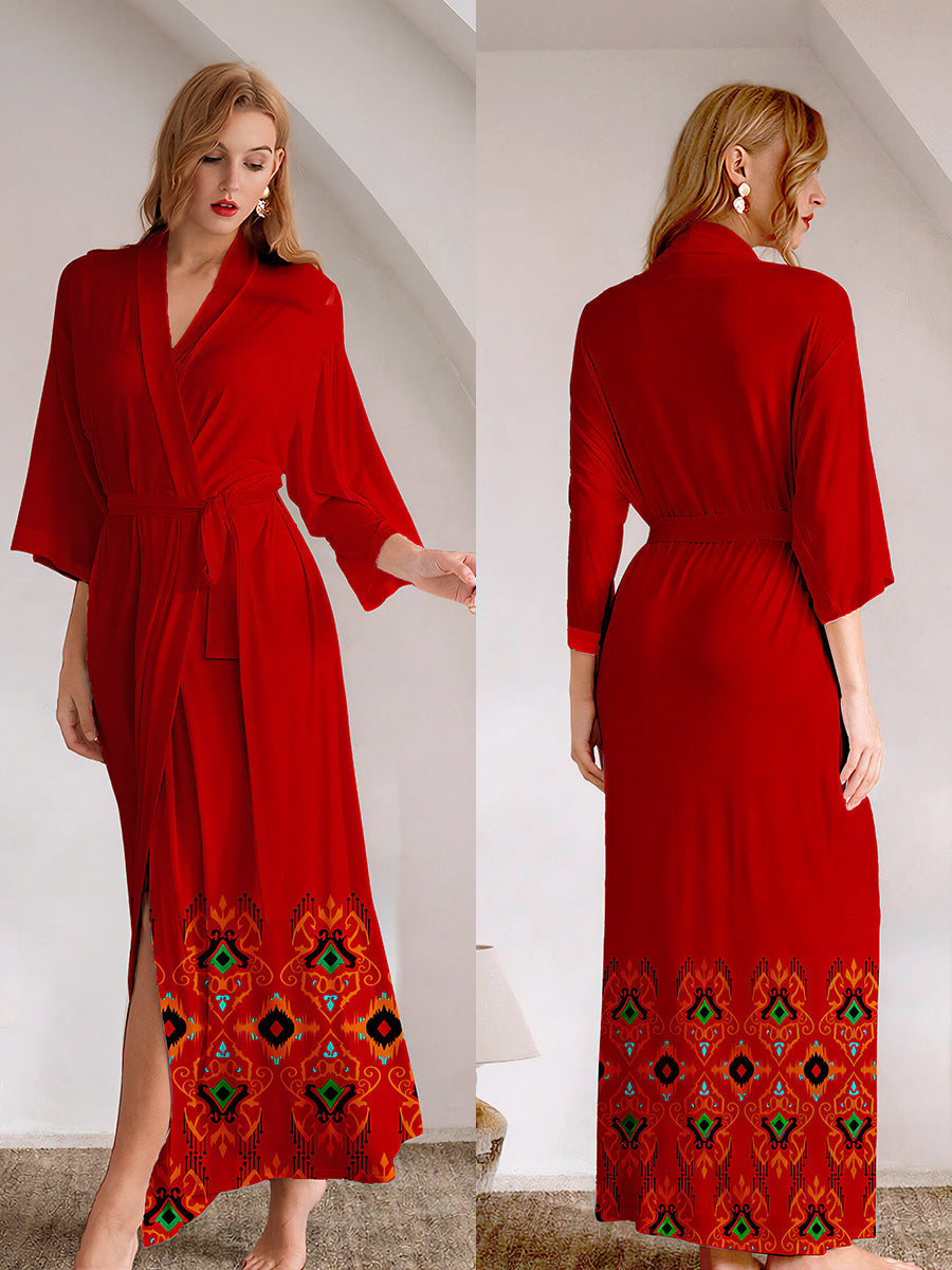 Red Ethnic Print Satin Kimono Robe