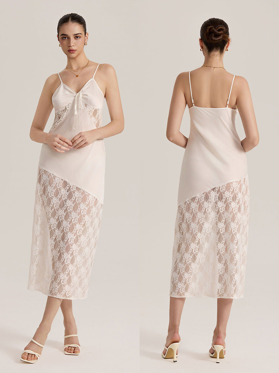Ivory Lace Panel Satin Midi Slip Dress