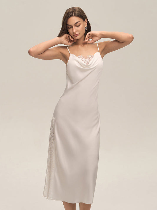 Ivory Cowl Neck Lace Satin Midi Slip Dress