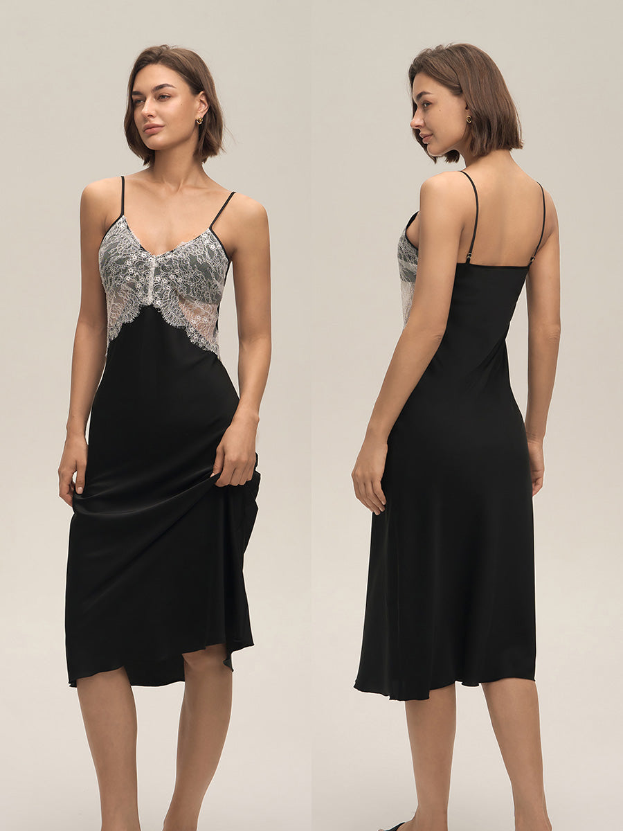 Black Lace Satin Midi Slip Dress