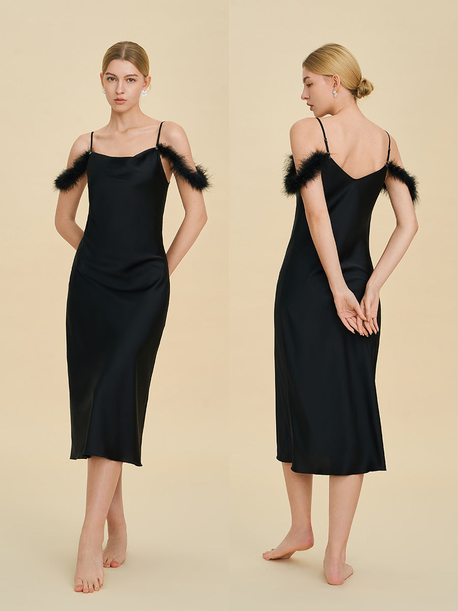 Black Satin Midi Slip Dress with Feather Trim