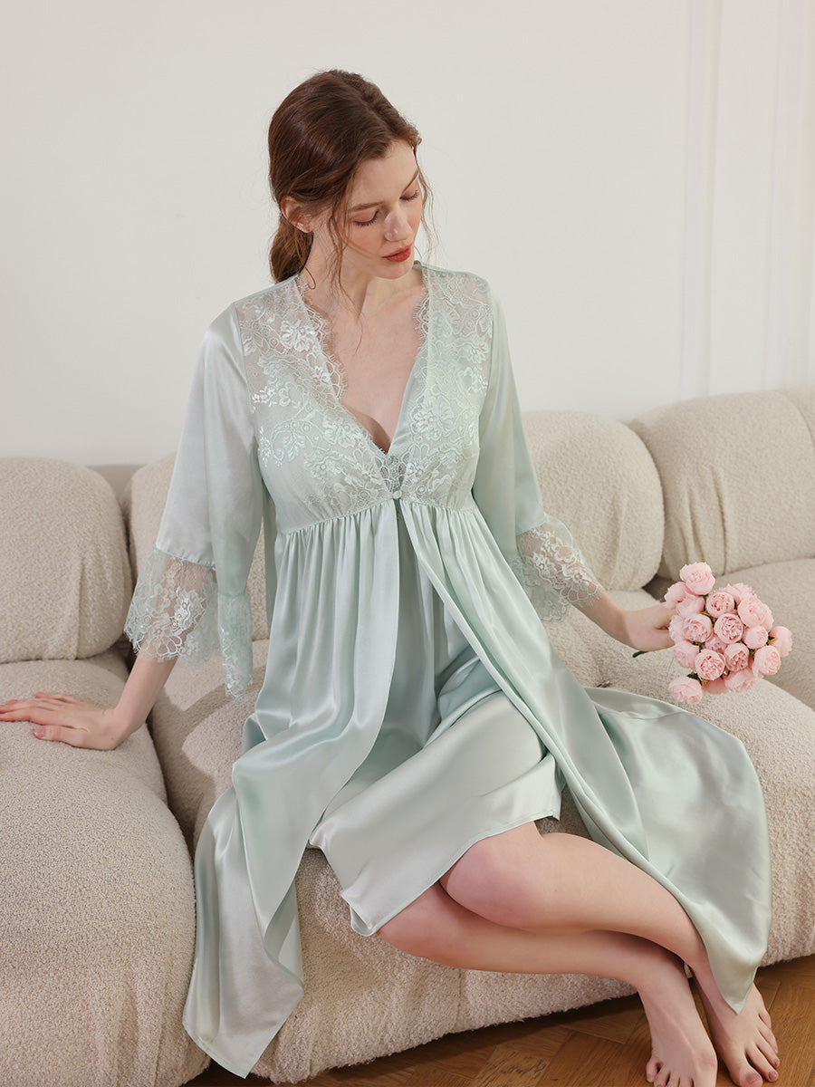 Floral Lace Mulberry Silk Robe and Slip Dress Set