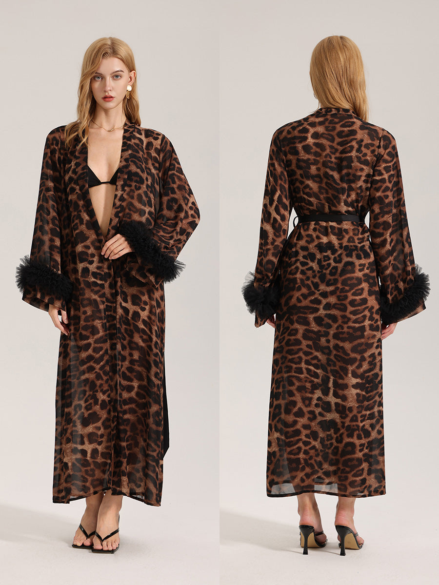 Leopard Print Satin Robe with Tulle Cuffs