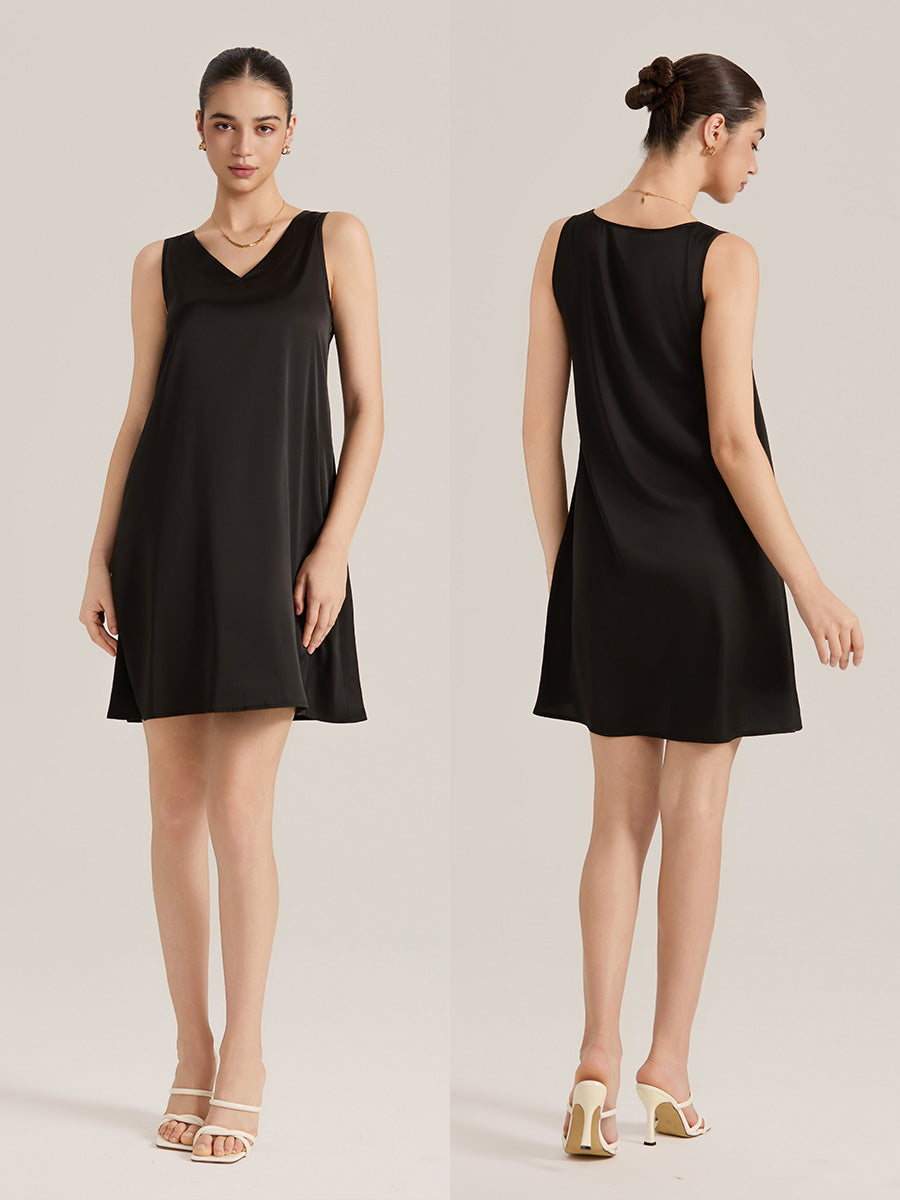 Black Satin Sleeveless Shift Dress