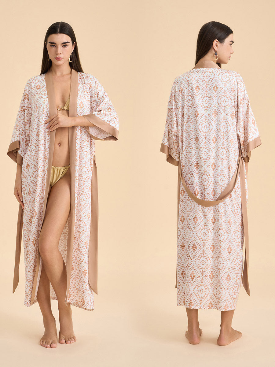 Geometric Jacquard Satin Kimono Robe