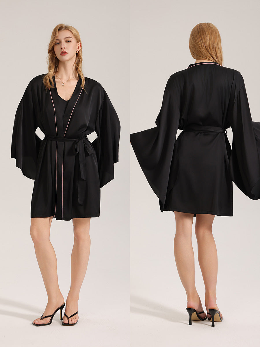 Black Satin Robe with Pink Piping