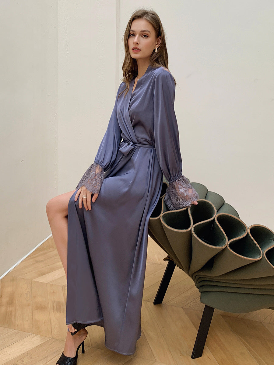 Dusty Blue Satin Chiffon Maxi Robe