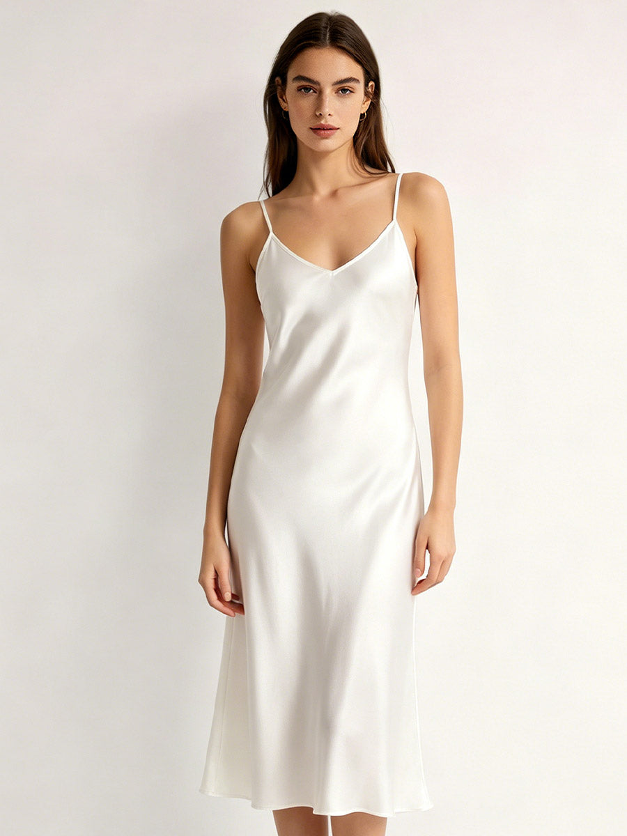 100% Pure Silk V-Neck Midi Slip Nightgown