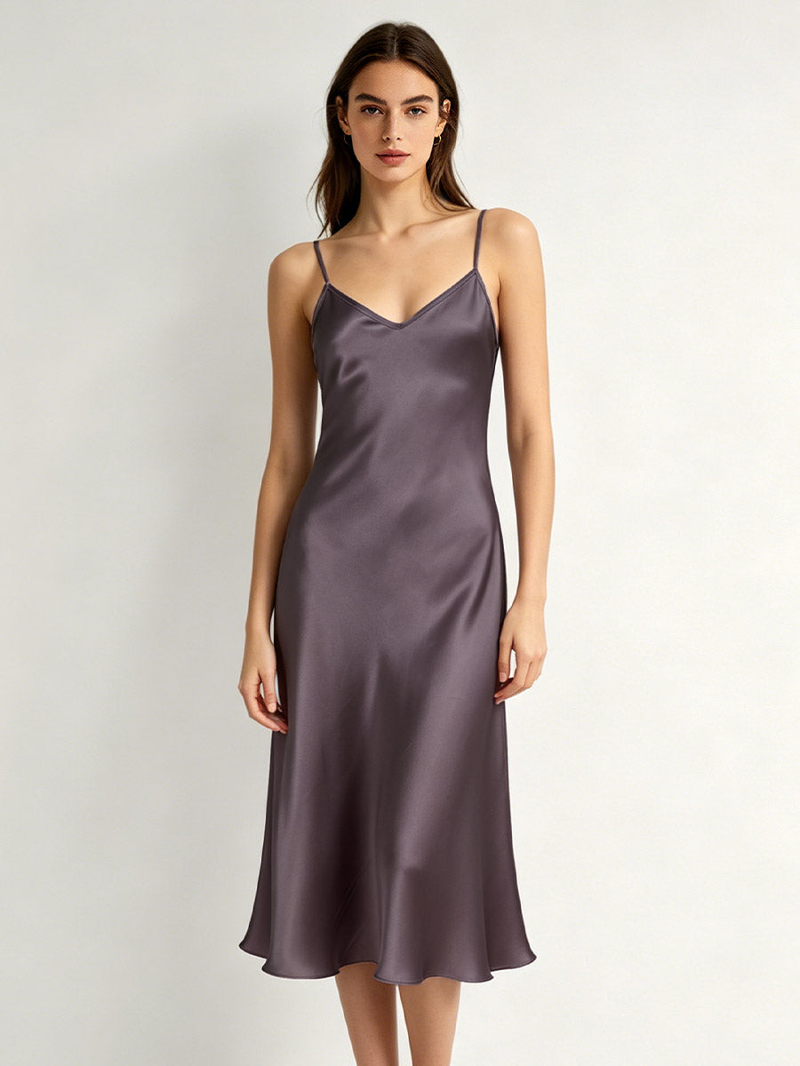 100% Pure Silk V-Neck Midi Slip Nightgown
